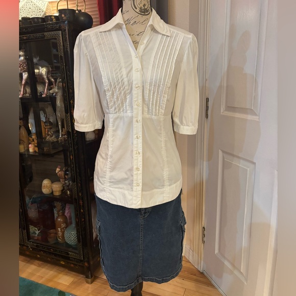 Y2K Guess Button Down Pleated Puffy Sleeves Stretch Blouse - Picture 5 of 10